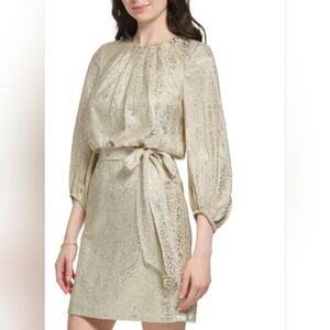Vince Camuto Gold Metallic Mini Dress with Tie Belt